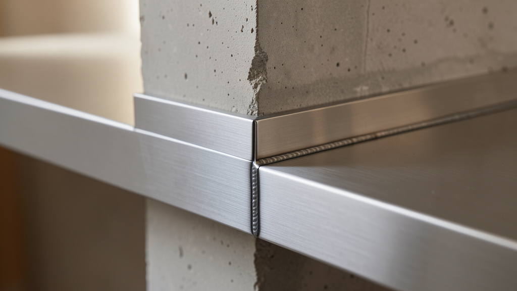 Garde-corps en inox à barreaux verticaux, main courante et limon droit alignés sur un gabarit d'atelier